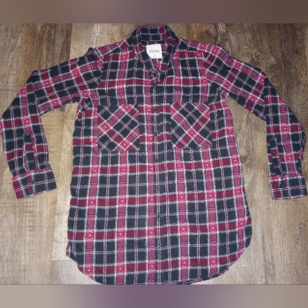 Mudd Red,Black,& White Button Down Plaid Casual Shirt,Size M